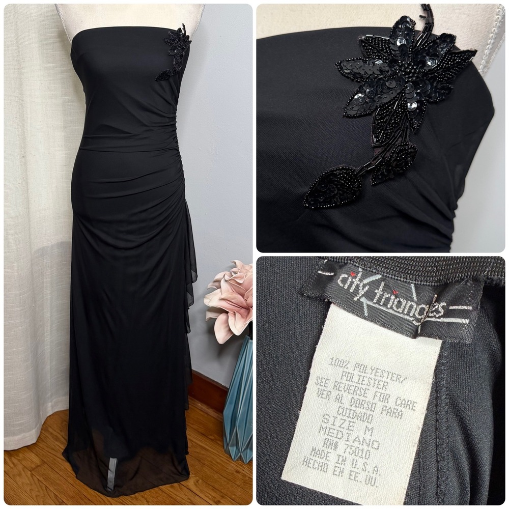 Y2K‎ Vintage City Triangles Strapless Beaded  Ruched Maxi Dress Black Medium